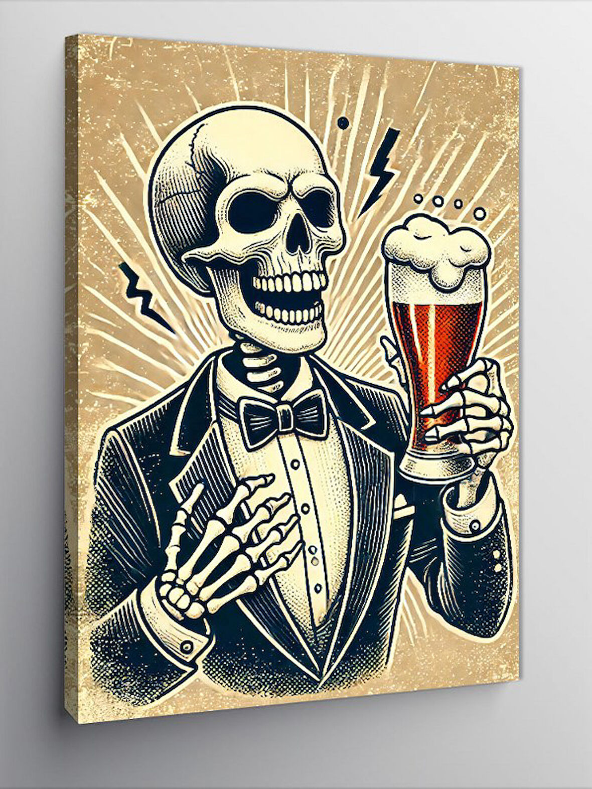 Kanvas Tablo İskelet Şövalye ve Birayla Kutlama