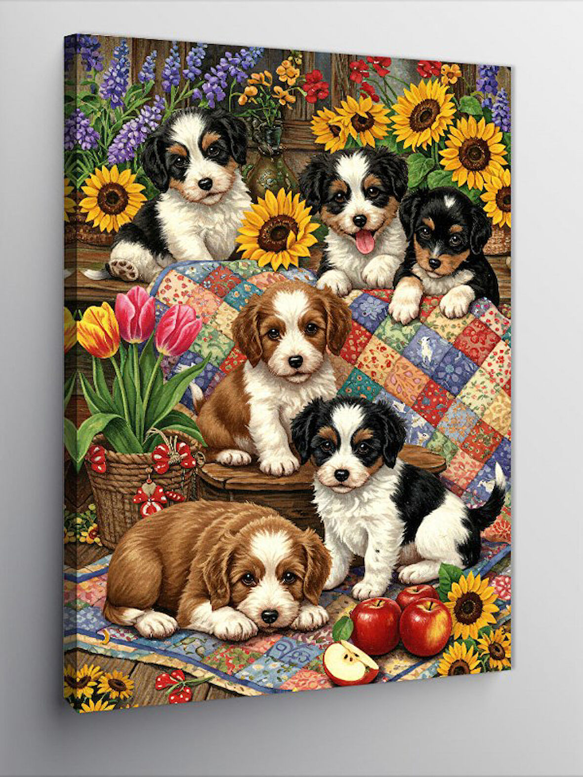 Kanvas Tablo Yavru Köpekler ve Çiçek Bahçesi