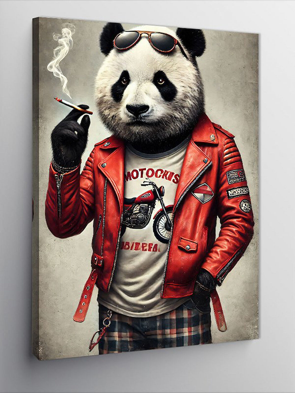Kanvas Tablo Derin Düşünceli Panda ve Motosiklet Teması