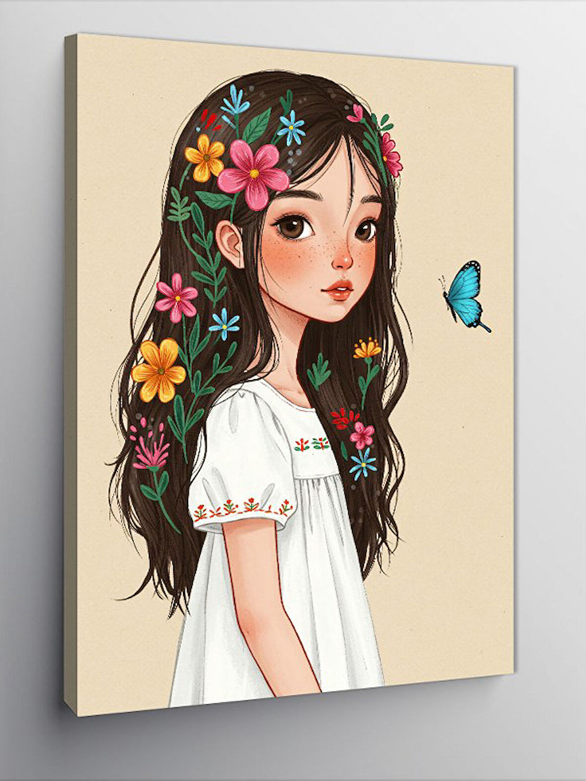 Kanvas Tablo Çiçekli Kız Çocuğu Ve Kelebek