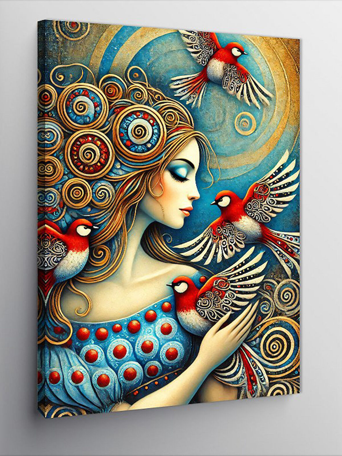 Kanvas Tablo Kuşlarla Süslü Kadın Portresi
