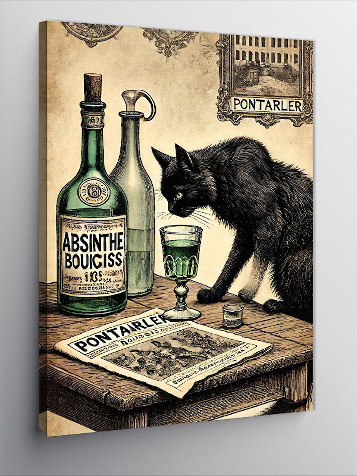 Kanvas Tablo Absinthe Ve Kara Kedi Teması