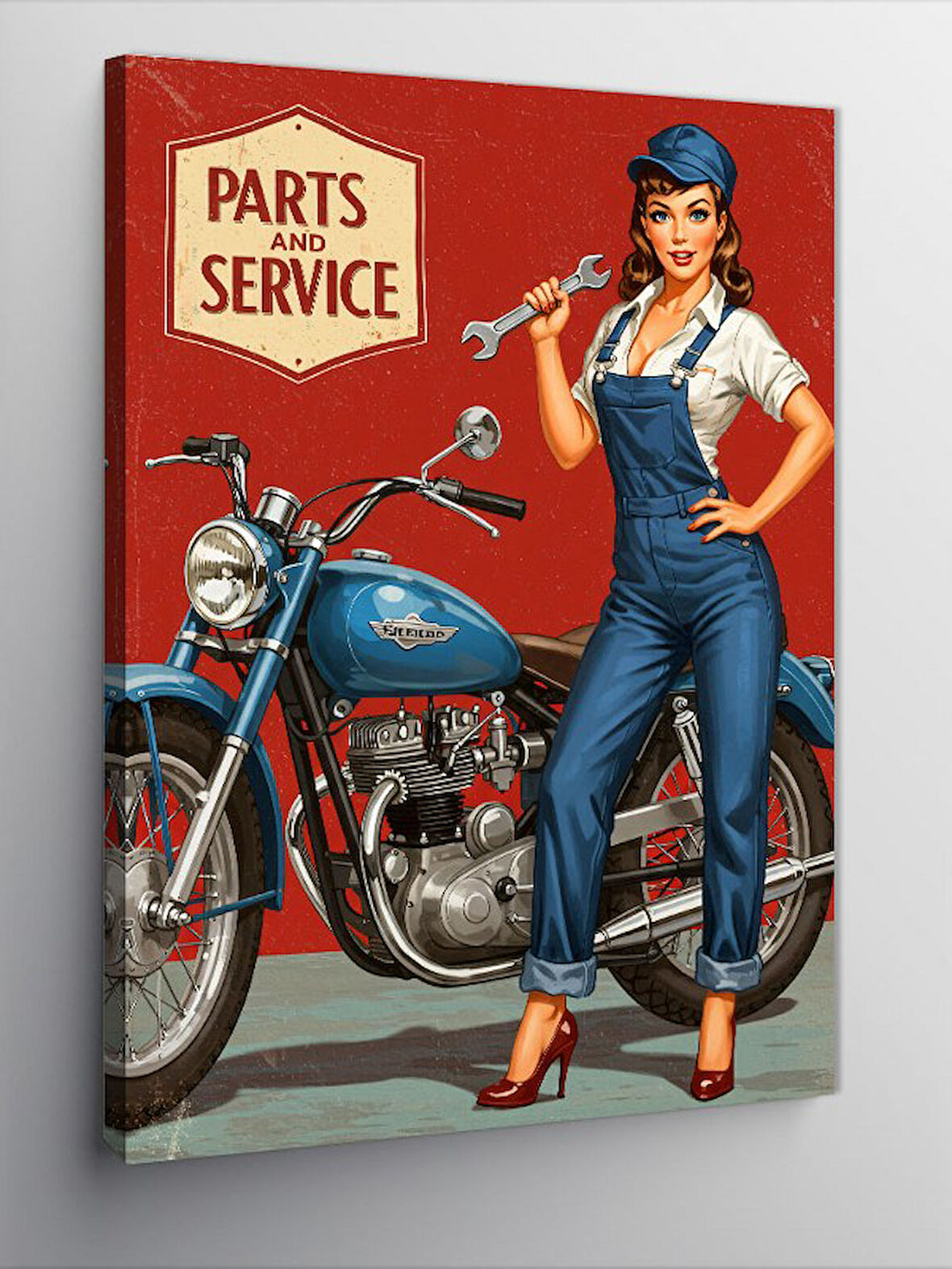 Kanvas Tablo Retro Mavi Motosiklet Ve Kadın