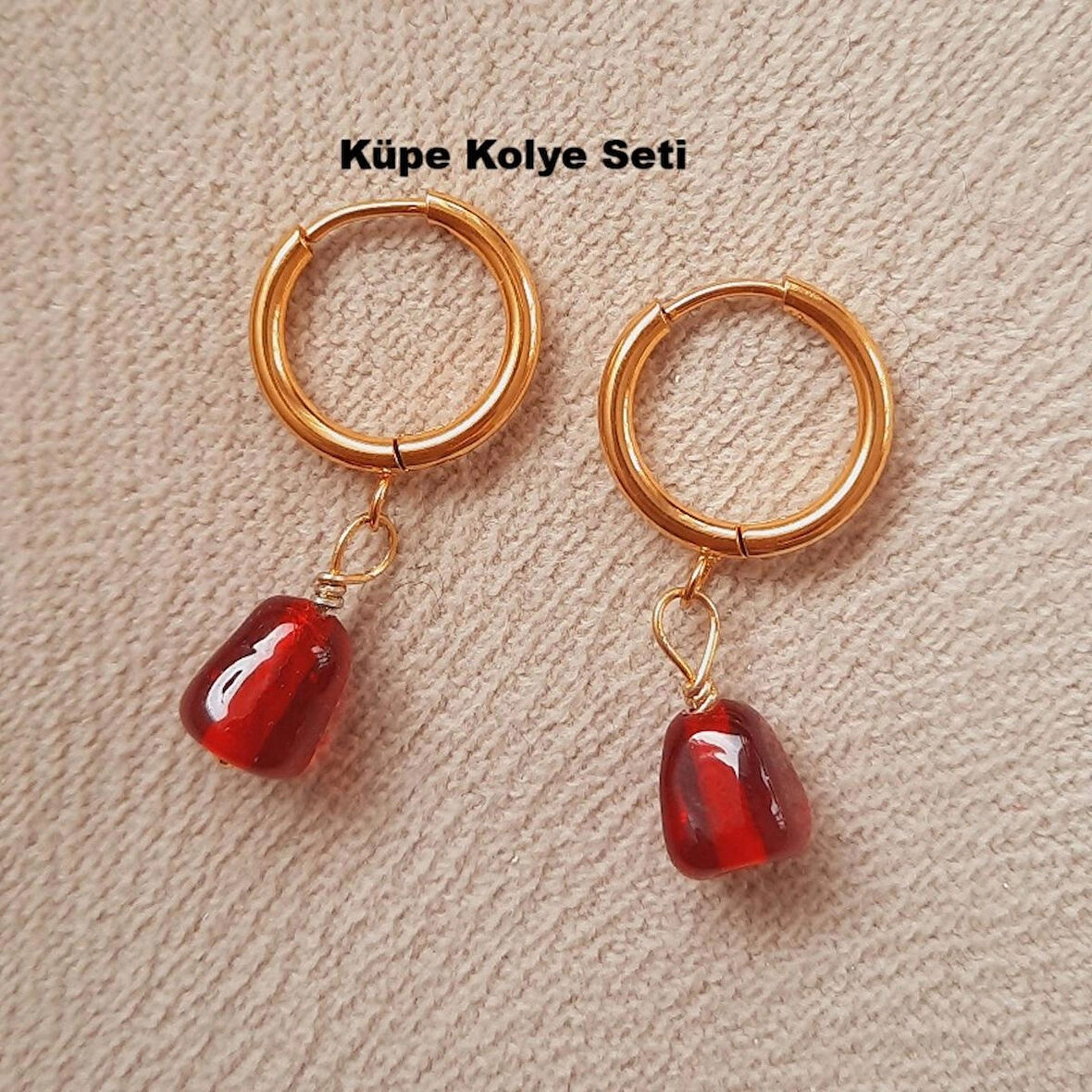 Paslanmaz Çelik Murano Kırmızı Nar Kolye Küpe Seti