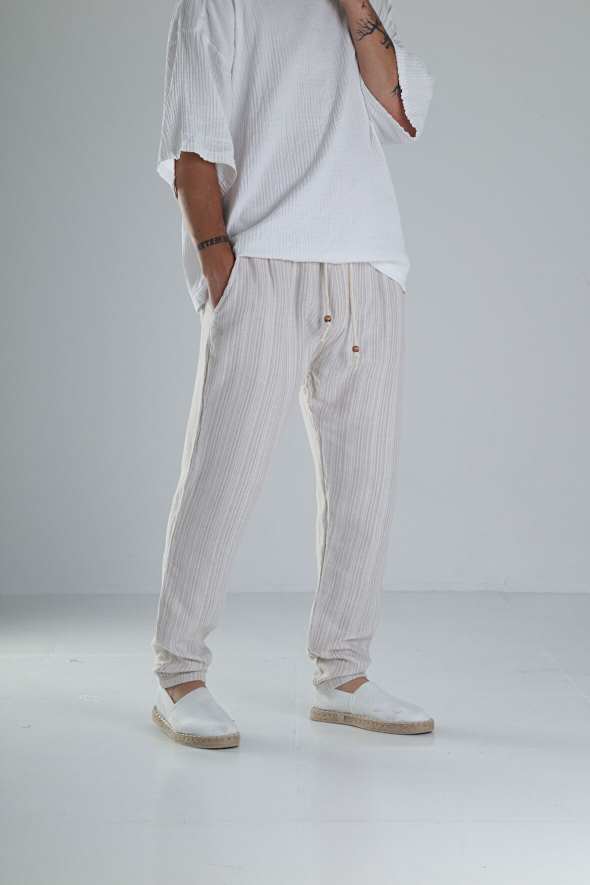 Kahve Çizgili Müslin Keten Baggy Pantolon