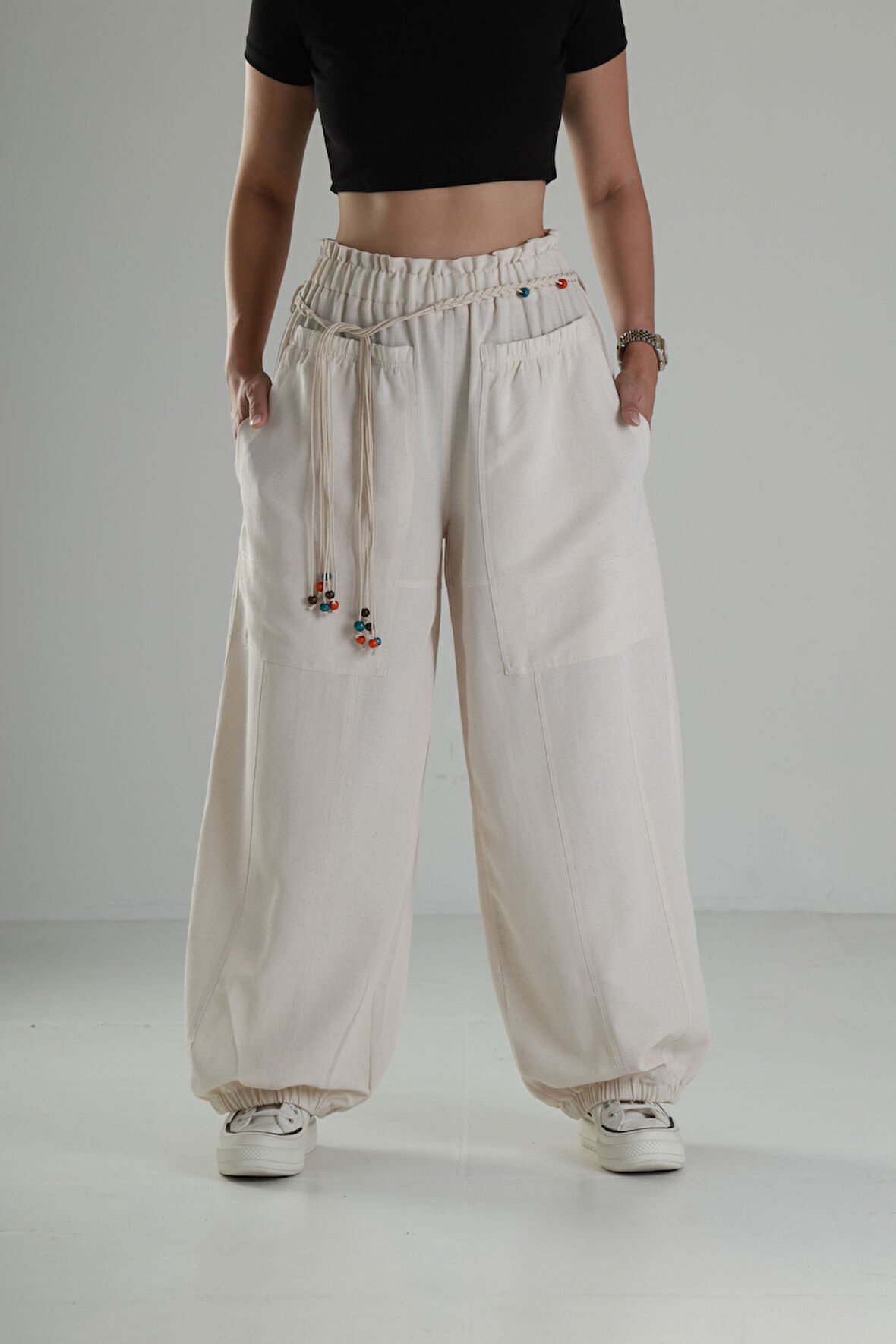 Tasarım Keten Bej Baggy Pantolon