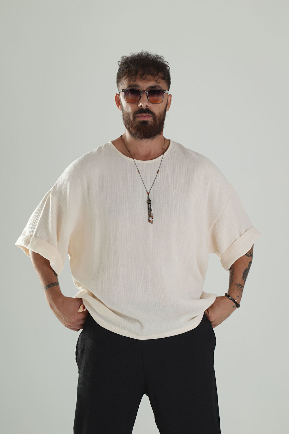 Bej Müslin Kumaş Oversize Fakir Kol T-Shirt