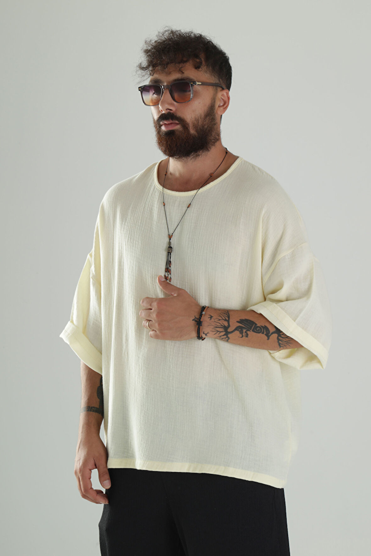Sarı Müslin Kumaş Oversize Fakir Kol T-Shirt