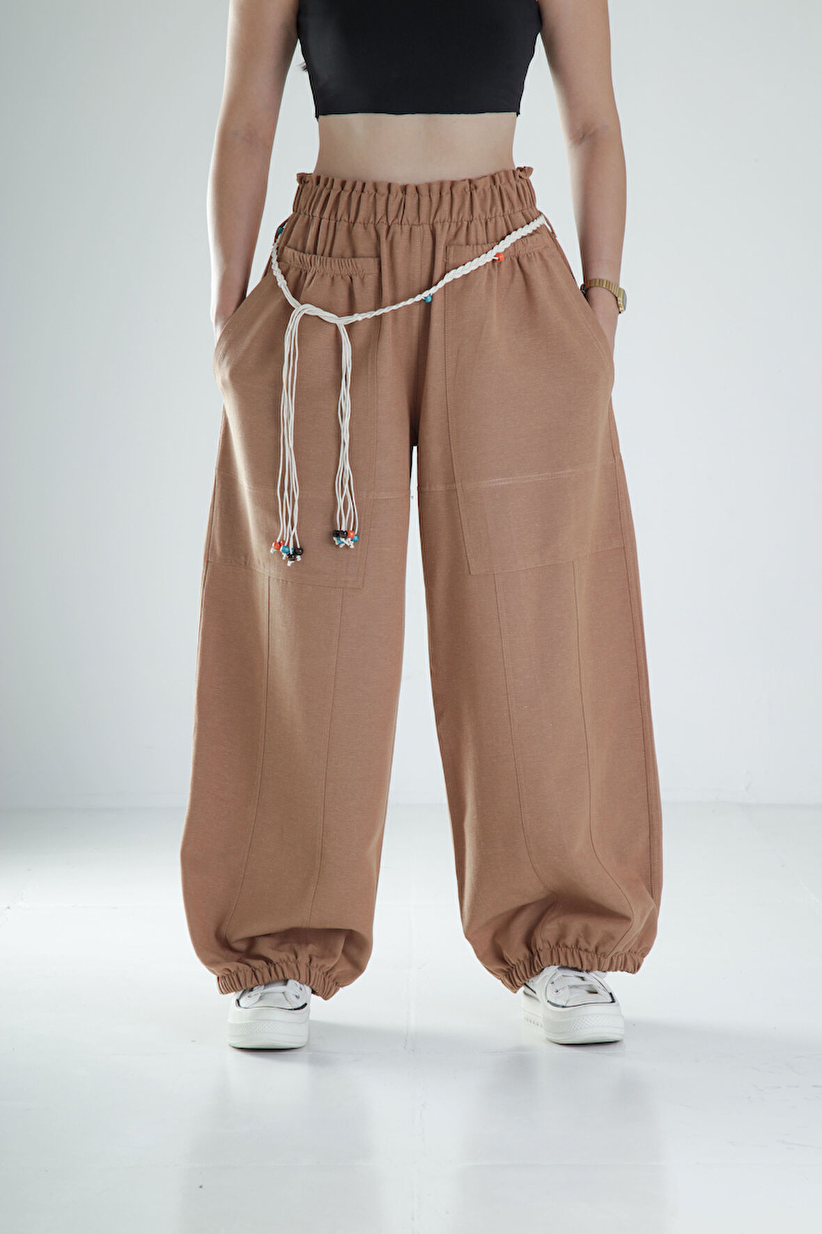 Tasarım Keten Kahverengi Baggy Pantolon