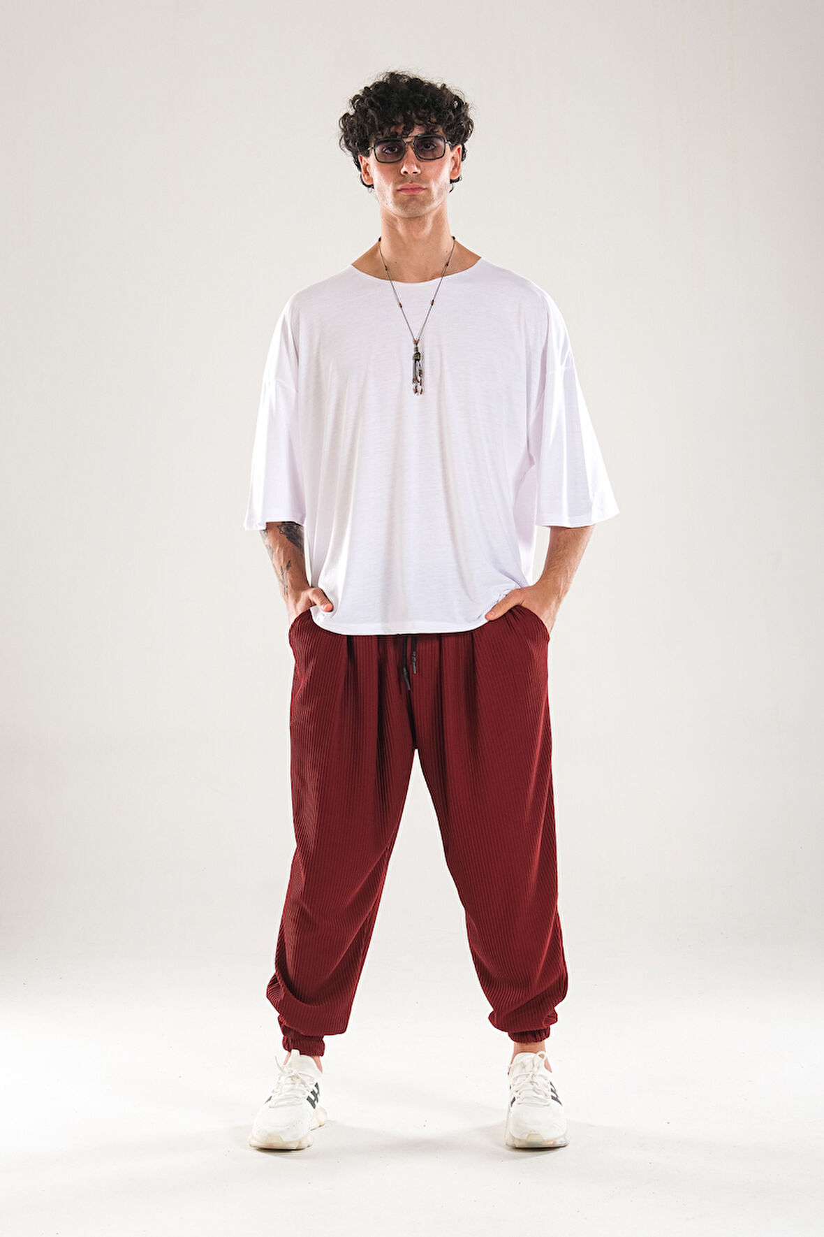 Fitilli Pileli Bordo Şalvar Pantolon