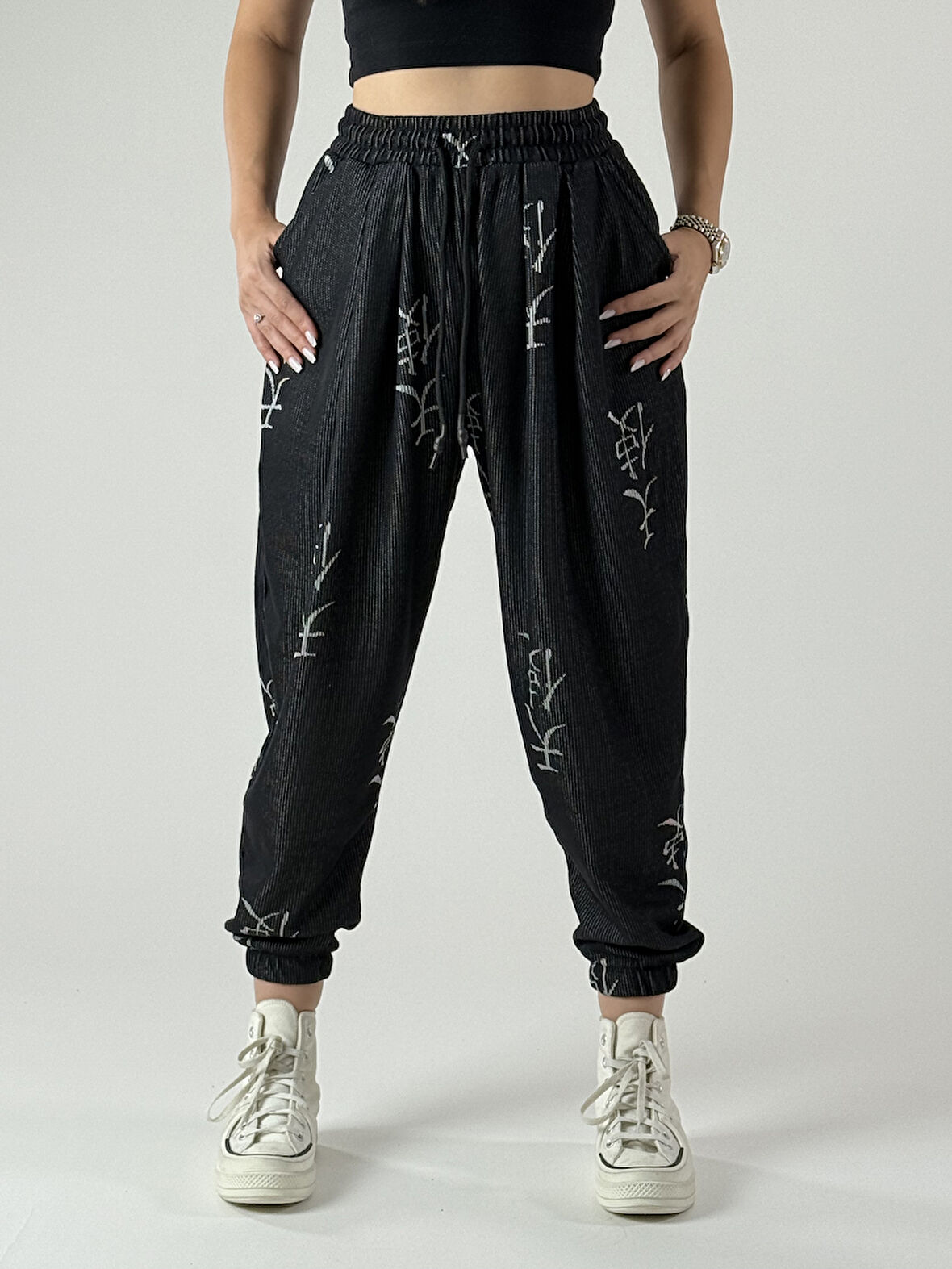 Chinese Desenli Antrasit Kadın Jogger Pantolon COC1001