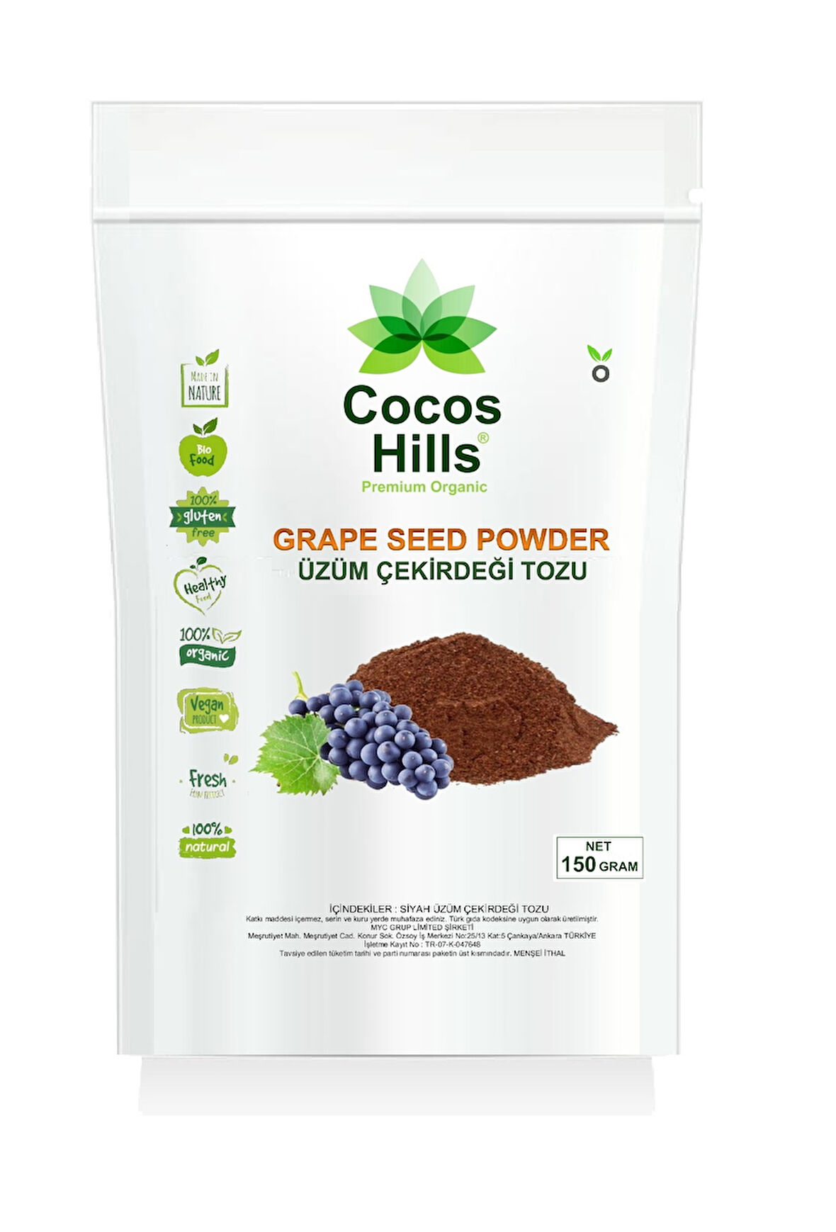 Cocos Hills Black Grape Seed Powder Siyah Üzüm Çekirdeği Tozu 150 gram