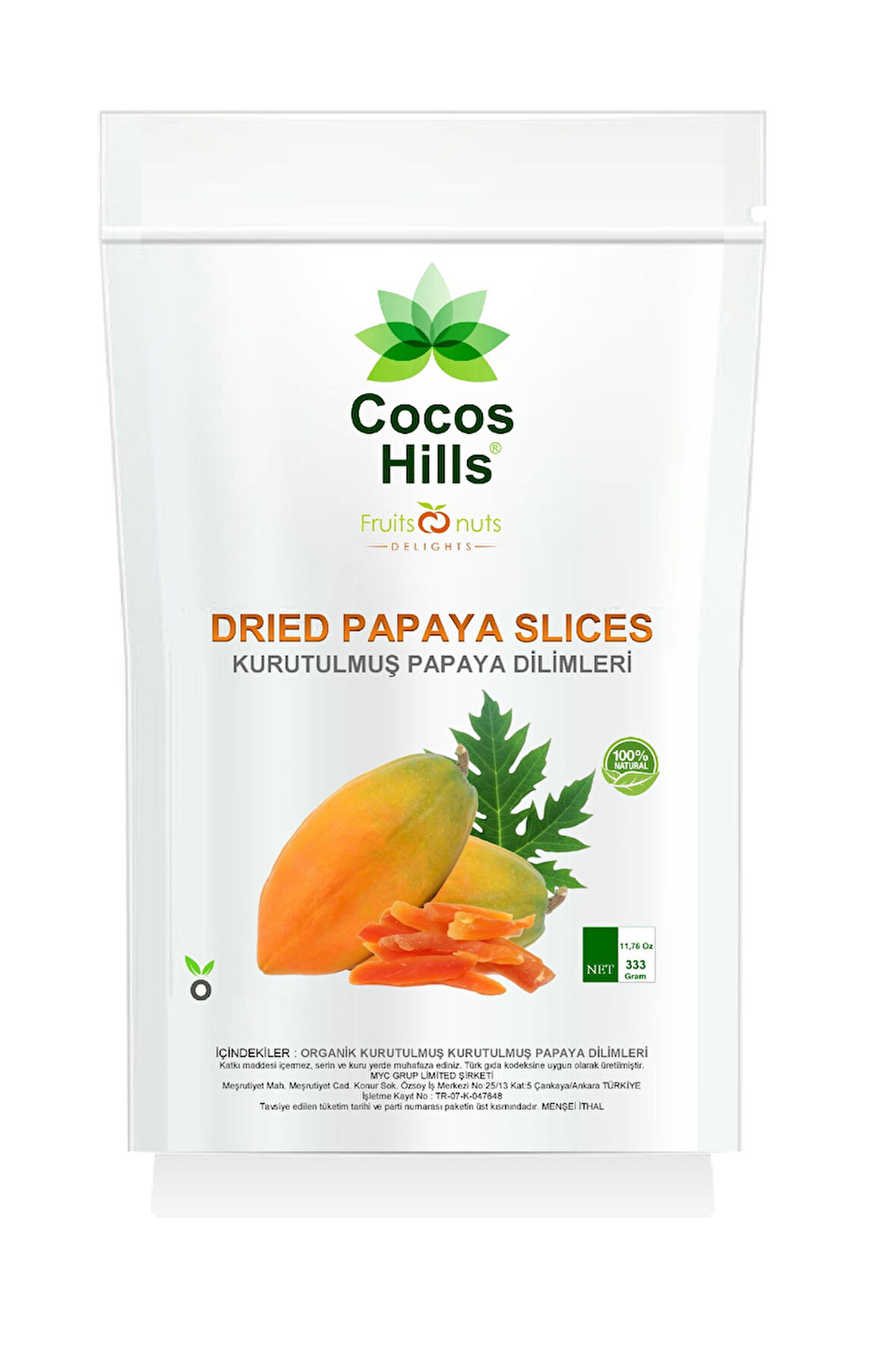 Cocos Hills Dried Papaya Slices Kurutulmuş Papaya Dilimleri 333 gram