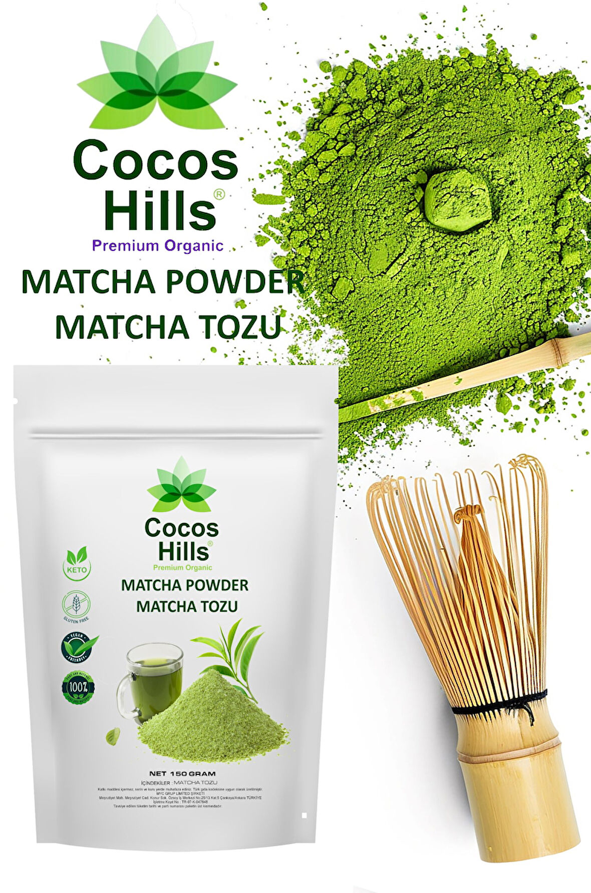 Cocos Hills Matcha Powder Premium Quality Matcha Tozu Premium Kalite 150 gram