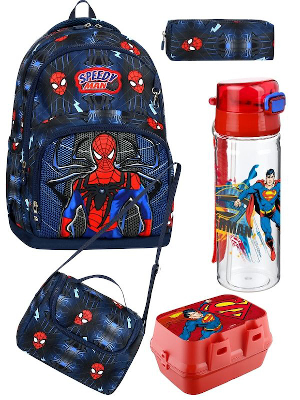 OPTİZON SPIDERMAN DESENLİ Beşli Erkek Çocuk İlkokul Okul Çantası + Termal beslenme seti + Kalemlik + suluk