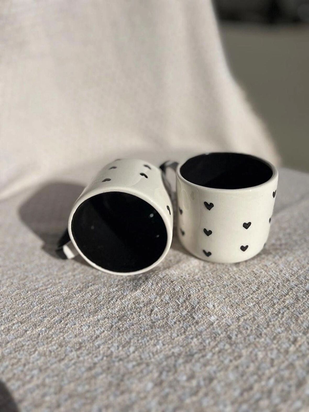 SİYAH KALP DESENLİ Seramik Kupa Fincan Bardak Mug Seramik Double Türk Kahve Fincanı