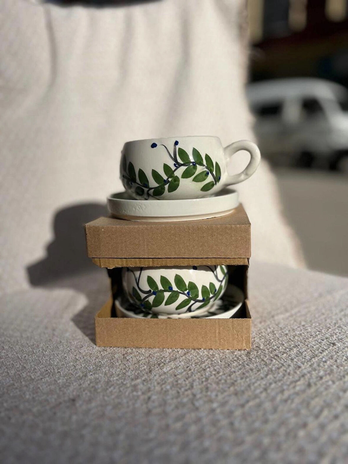 YAPRAK DESEN Seramik Kupa Fincan Bardak Mug Seramik Double Türk Kahve Fincanı