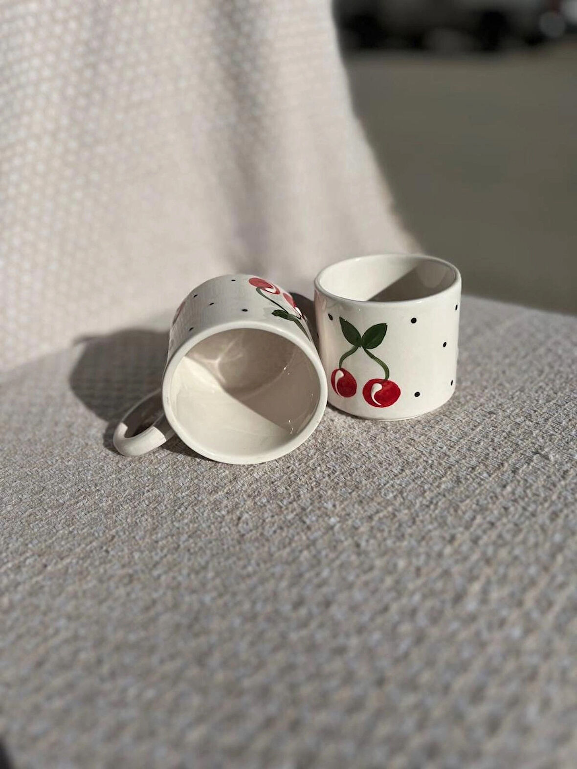 KİRAZ DESENLİ Seramik Kupa Fincan Bardak Mug Seramik Double Türk Kahve Fincanı 