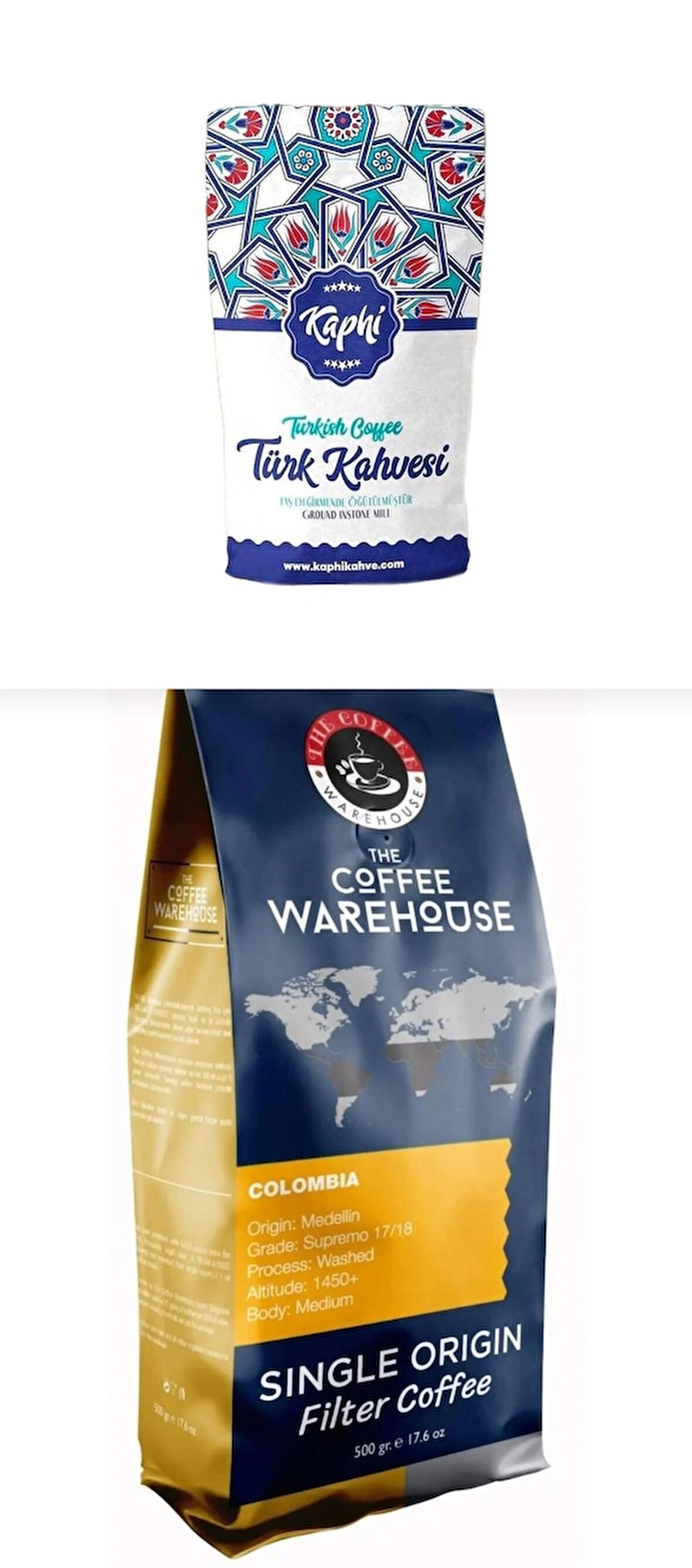 Kaphi Nitelikli Türk Kahvesi (500 G) + Colombia Filtre Kahve (500 G)