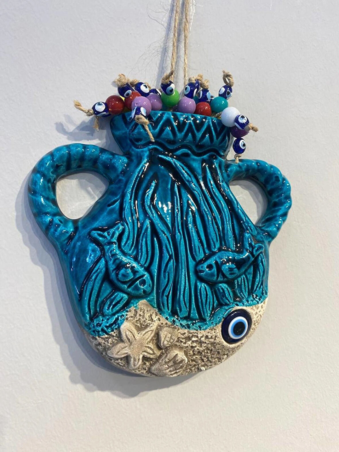 EL YAPIMI NAZAR BONCUĞU, DUVAR DEKORASYON ÜRÜNÜ, SERAMİK, EL İŞÇİLİĞİ, TURKUAZ RENKTE SAKSI DESEN