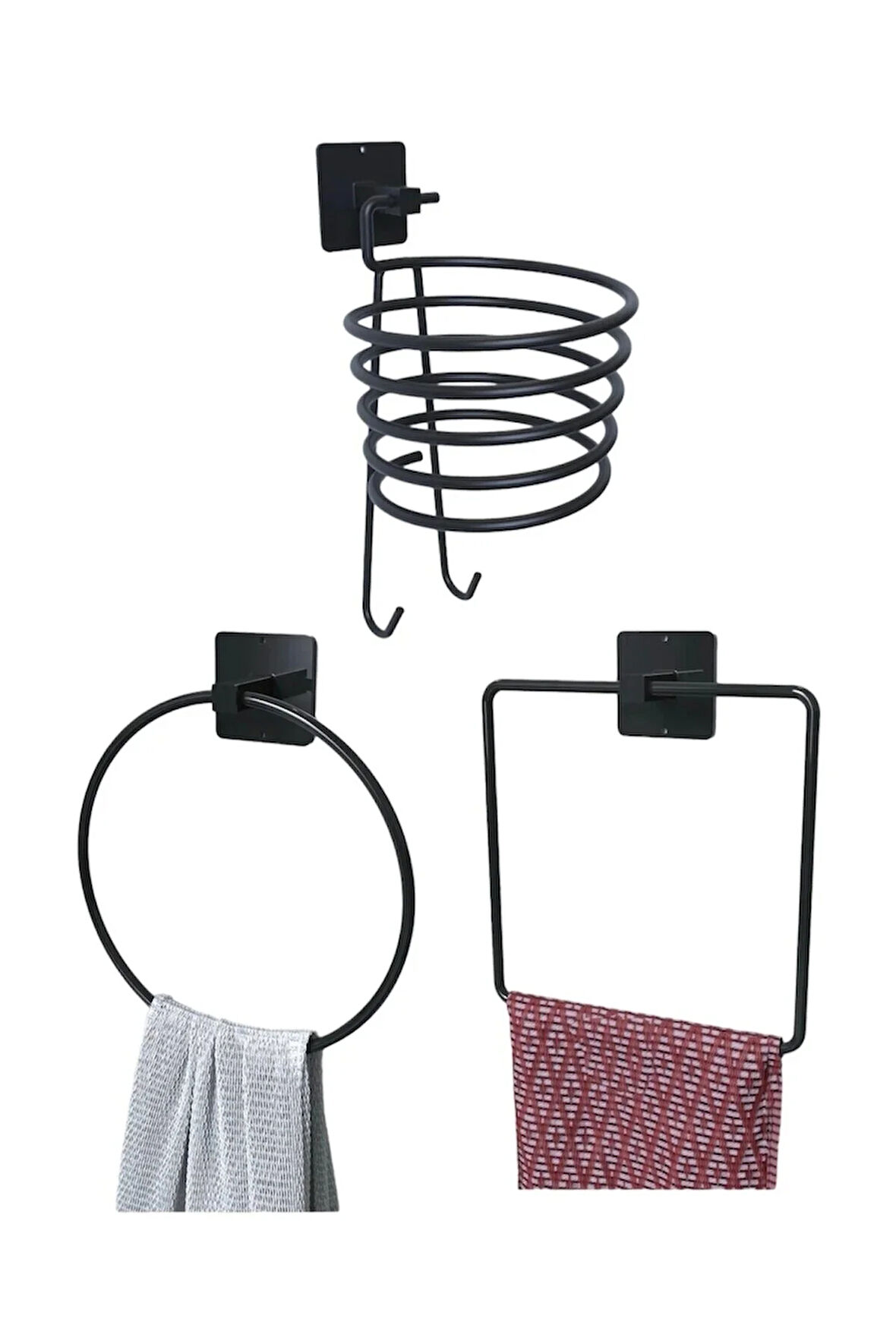 siyah metal yapışkanlı 3'lü set fönlük- yuvarlak ve kare havluluk