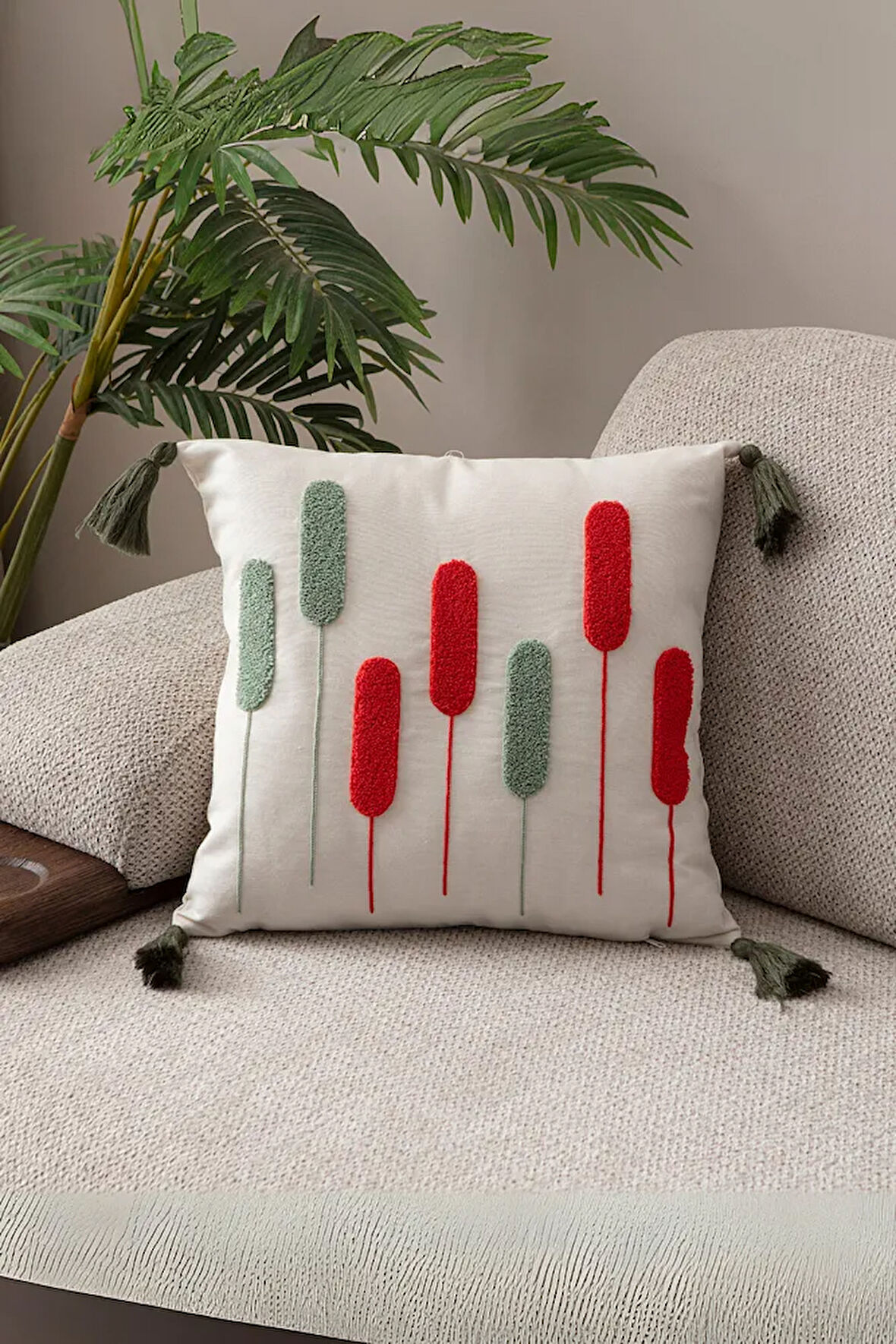 Buğday Desenli Punch Kırlent Kılıfı Tekli, Comfort Panç Yastık Kılıfı, Püsküllü 43x43cm