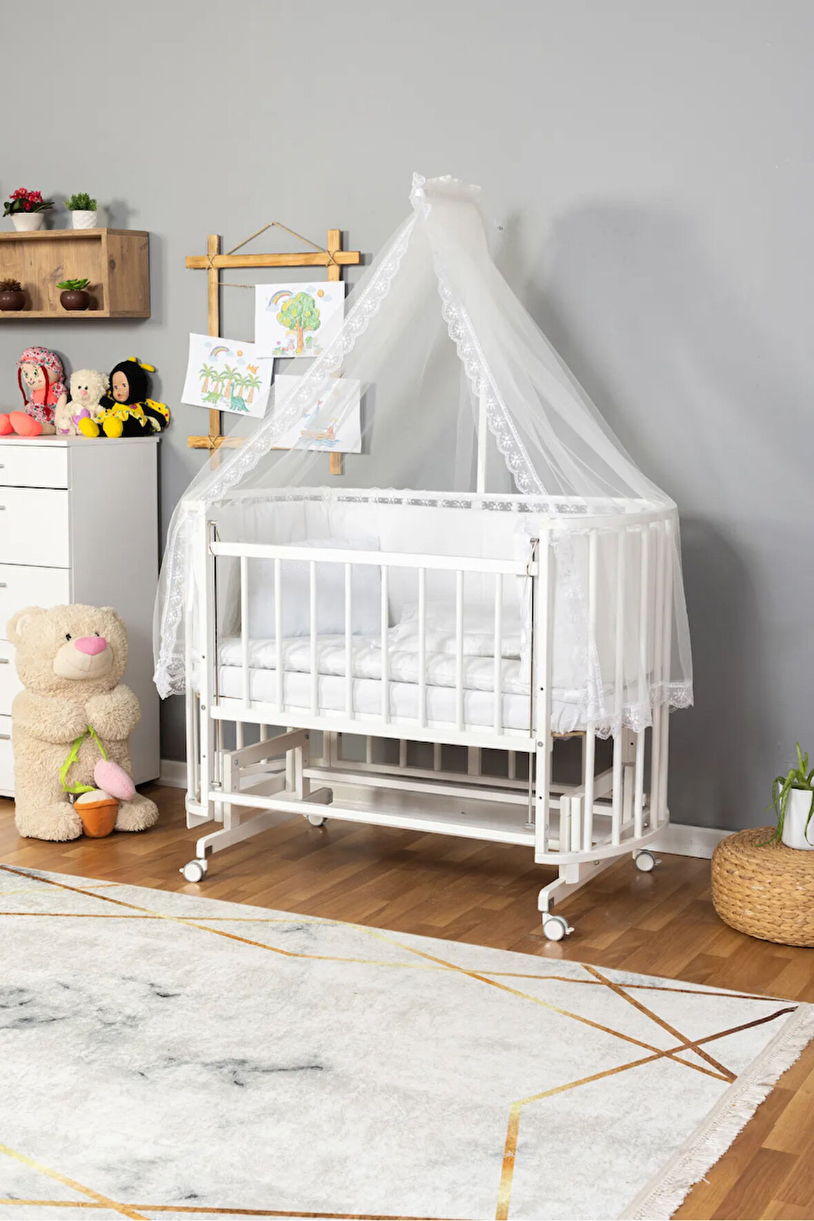 Ahşap Beşik Anne Yanı Yeni Doğan Papatya Beyaz Bebek Beşiği BEYAZ GÜPÜR UYKU SETLİ + TEKER