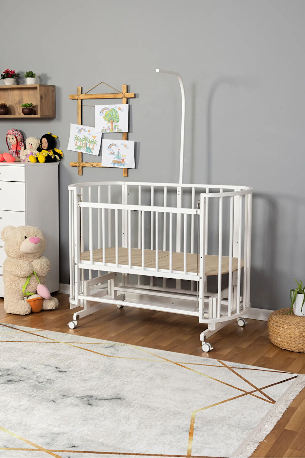 Ahşap Beşik Anne Yanı Yeni Doğan Papatya Beyaz Bebek Beşiği UYKU SETSİZ + TEKERLEKLİ