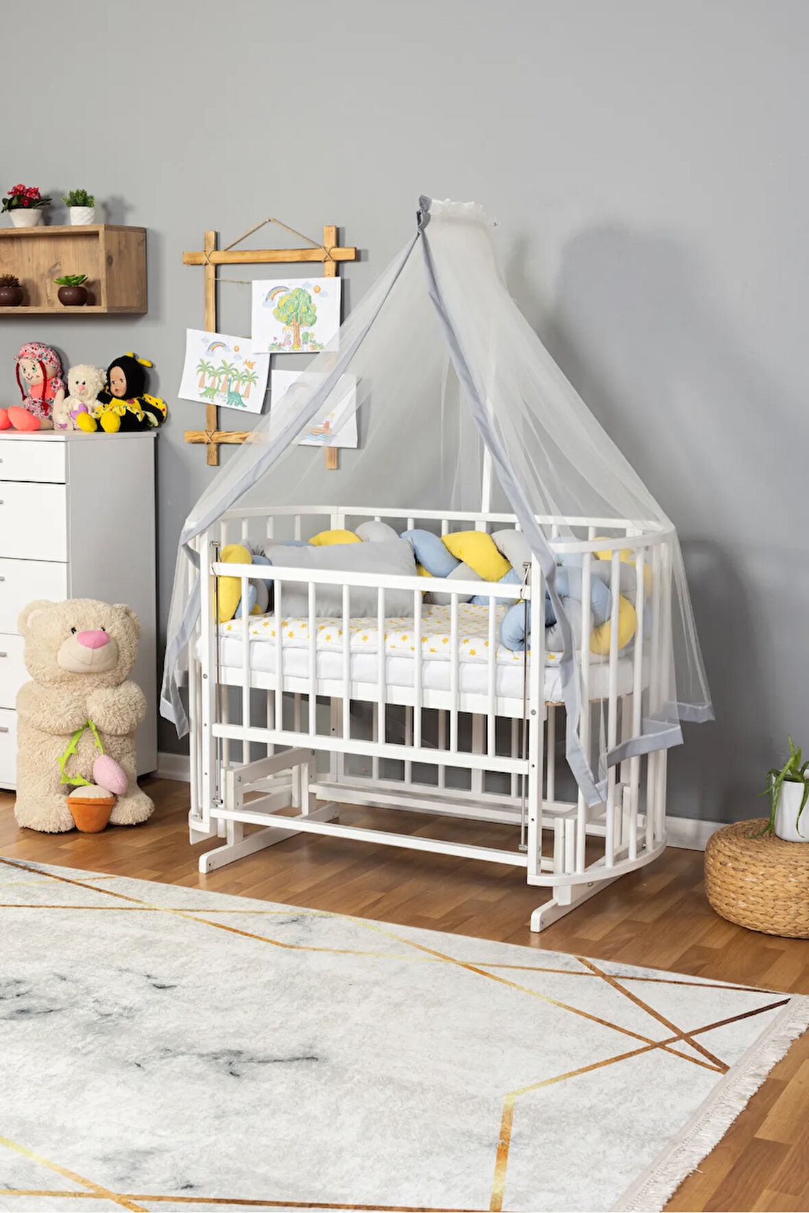 Ahşap Beşik Anne Yanı Yeni Doğan Papatya Beyaz Bebek Beşiği SARI MAVİ ÖRGÜ UYKU SETLİ