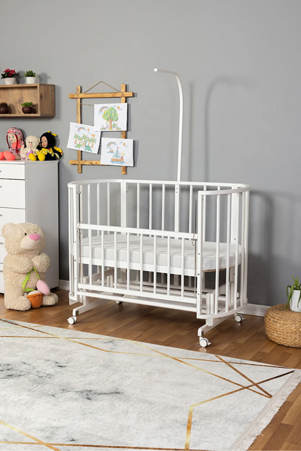 Ahşap Beşik Anne Yanı Yeni Doğan Papatya Beyaz Bebek Beşiği TEK YATAK + TEKERLEKLİ