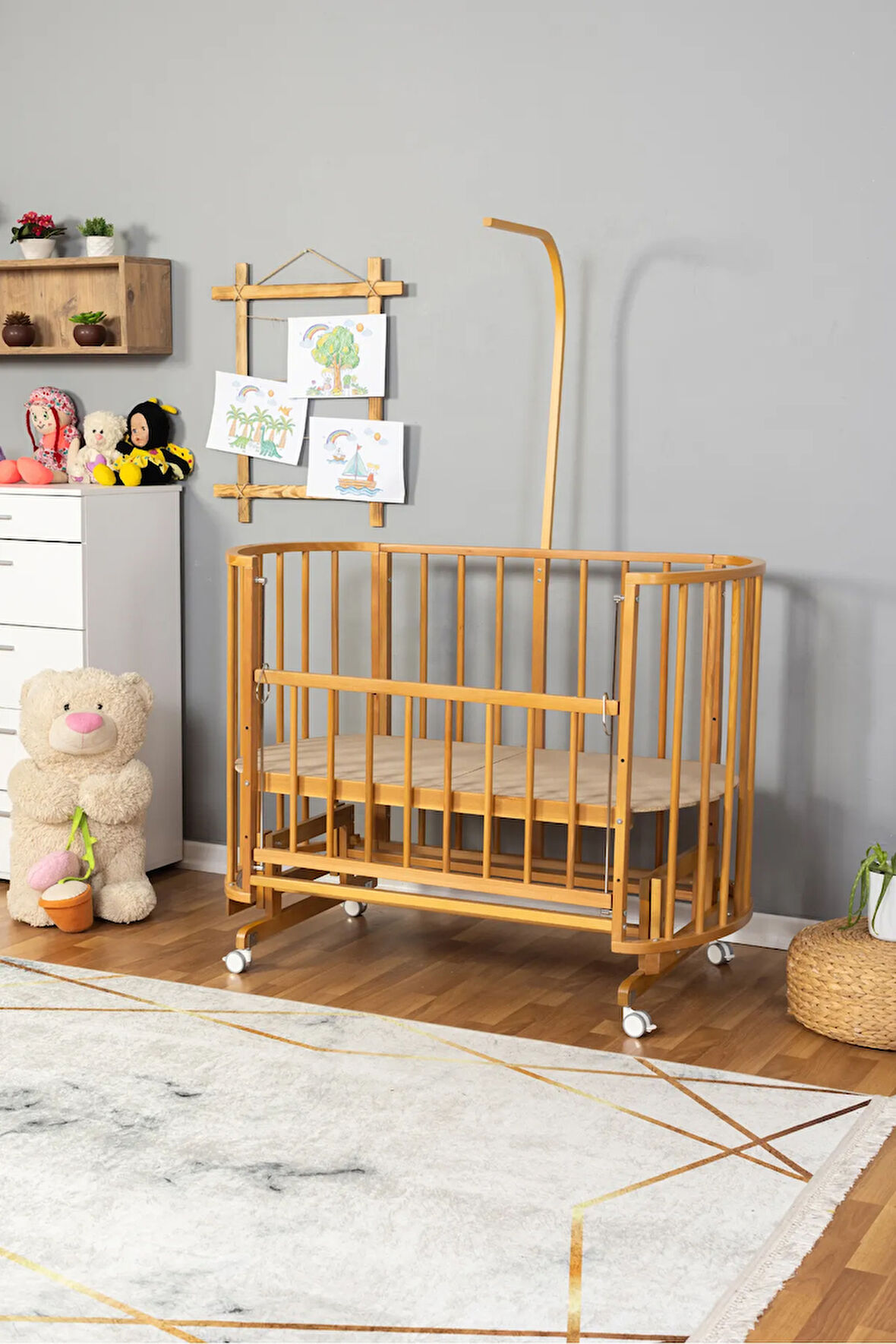 Ahşap Beşik Anne Yanı Yeni Doğan Papatya Doğal Bebek Beşiği UYKU SETSİZ + TEKERLEKLİ