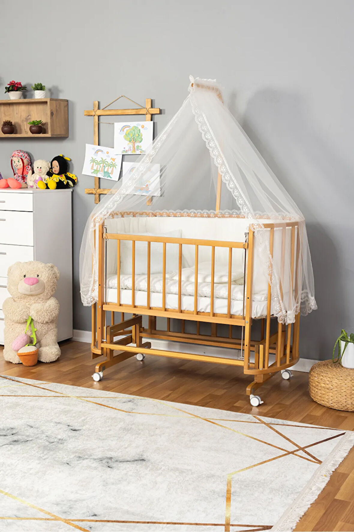 Ahşap Beşik Anne Yanı Yeni Doğan Papatya Doğal Bebek Beşiği KREM GÜPÜR UYKU SETLİ + TEKER