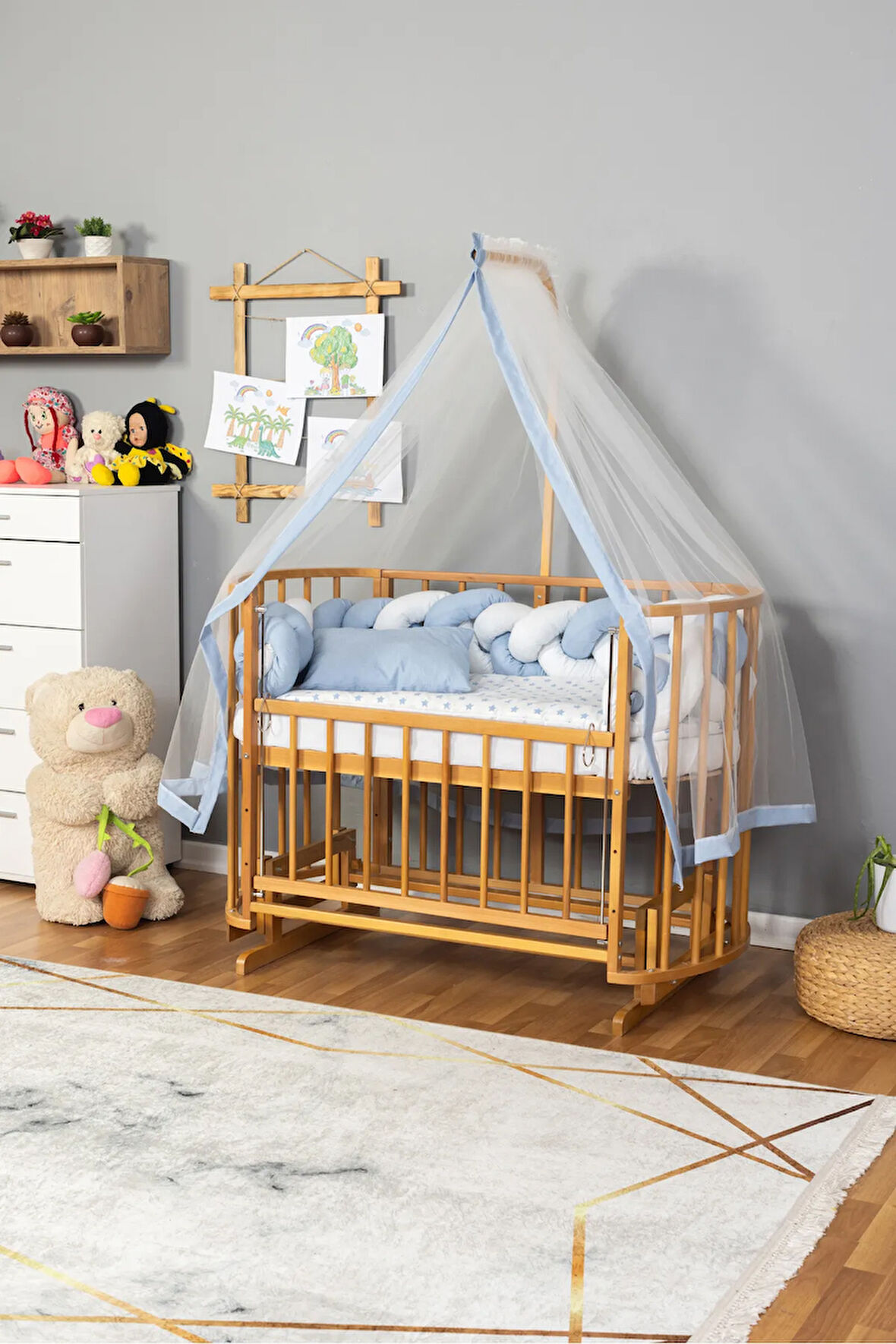 Ahşap Beşik Anne Yanı Yeni Doğan Papatya Doğal Bebek Beşiği MAVİ BEYAZ ÖRGÜ UYKU SETLİ