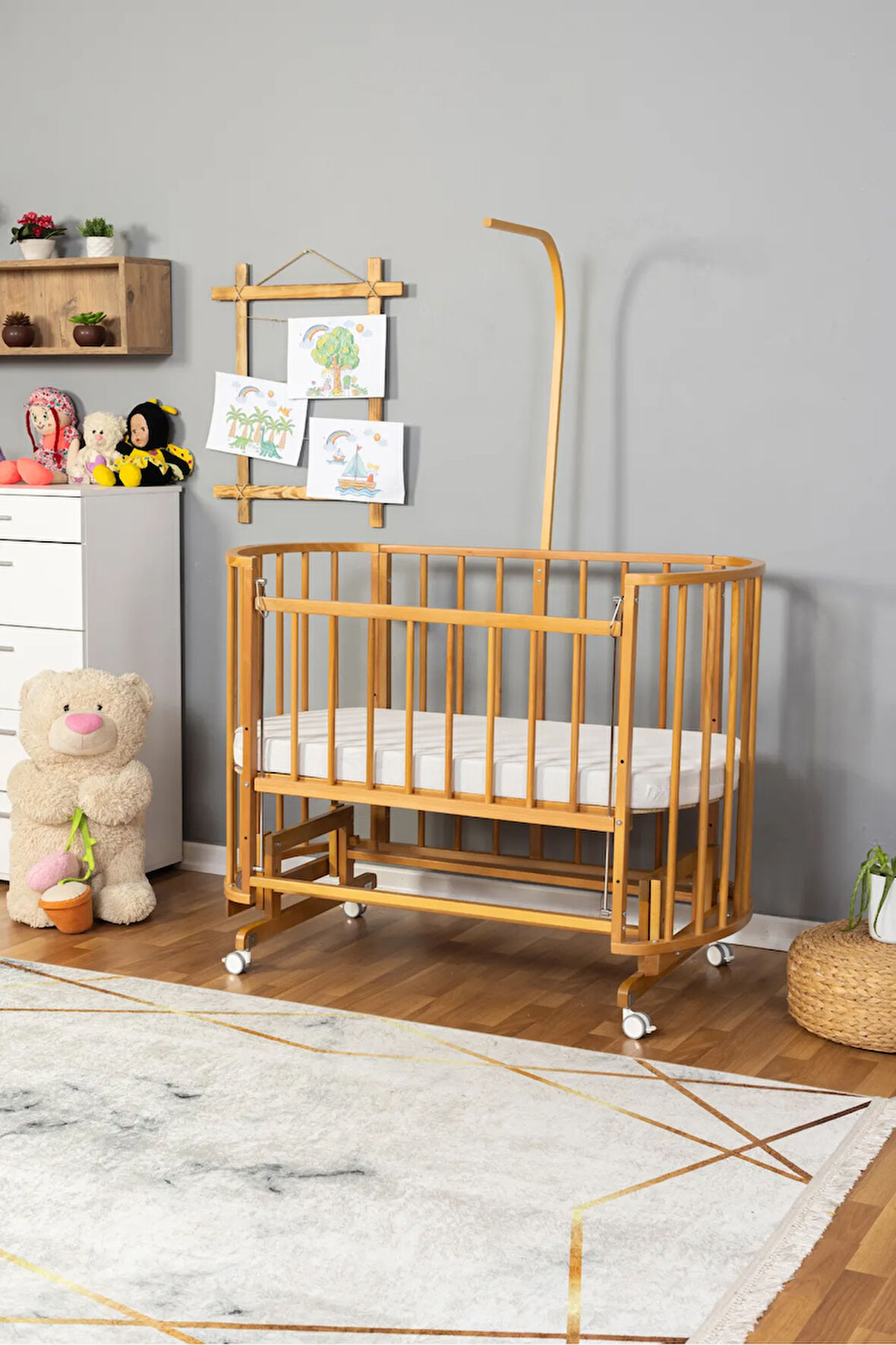 Ahşap Beşik Anne Yanı Yeni Doğan Papatya Doğal Bebek Beşiği TEK YATAK + TEKERLEKLİ