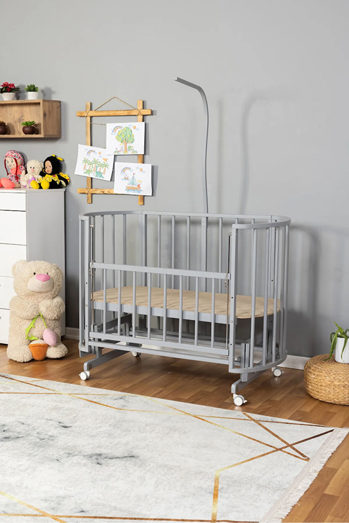 Ahşap Beşik Anne Yanı Yeni Doğan Papatya GRİ Bebek Beşiği UYKU SETSİZ + TEKERLEKLİ
