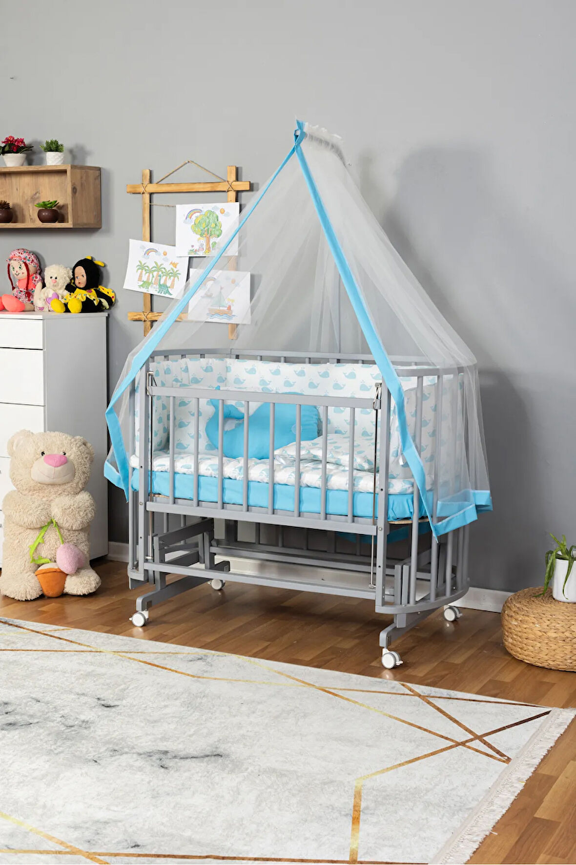 Ahşap Beşik Anne Yanı Yeni Doğan Papatya GRİ Bebek Beşiği MAVİ BALİNA UYKU SETLİ + TEKER