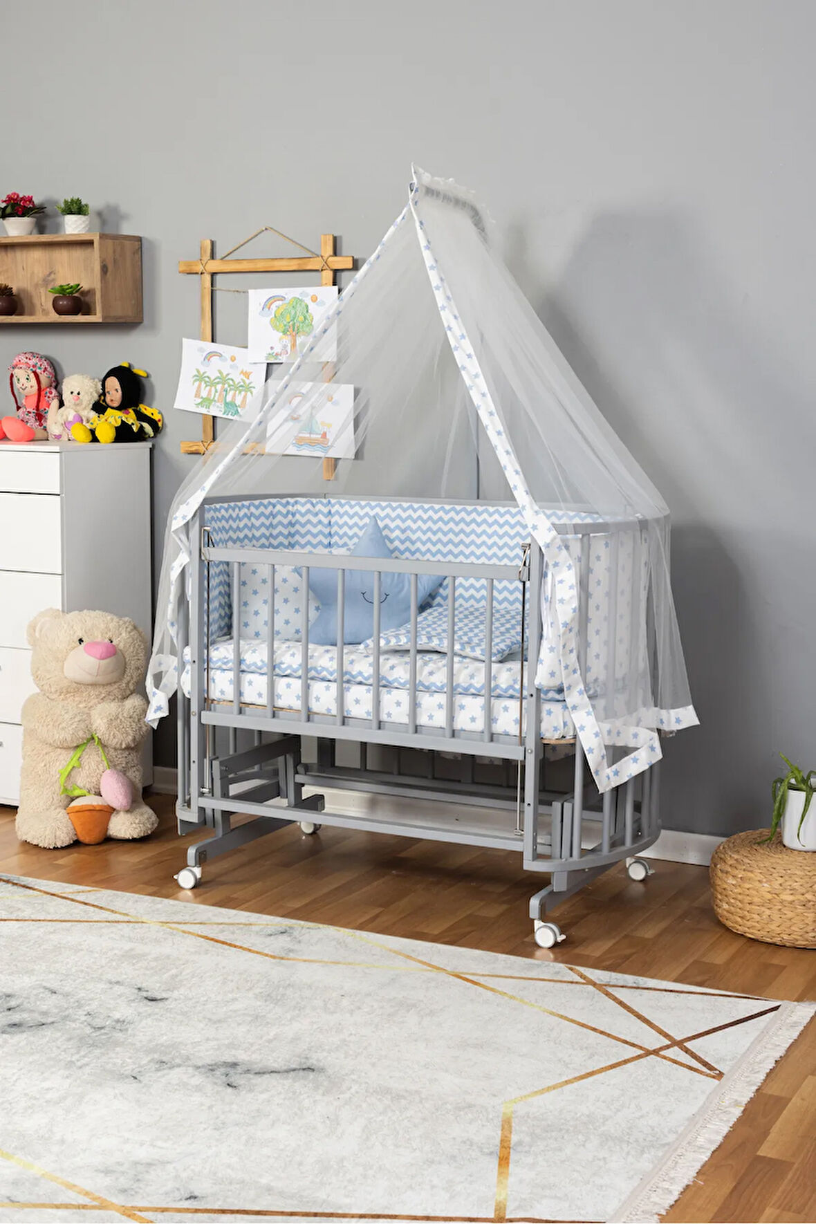 Ahşap Beşik Anne Yanı Yeni Doğan Papatya GRİ Bebek Beşiği MAVİ YILDIZ UYKU SETLİ + TEKERLEK