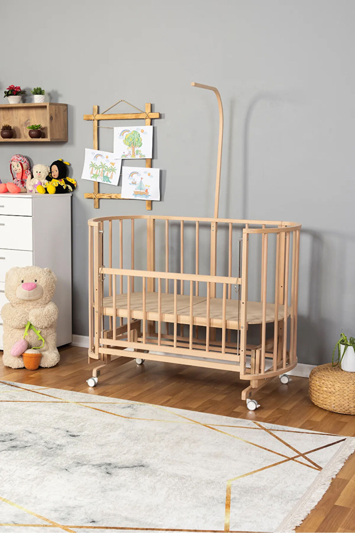 Ahşap Beşik Anne Yanı Yeni Doğan Papatya Organik Bebek Beşiği UYKU SETSİZ + TEKERLEKLİ