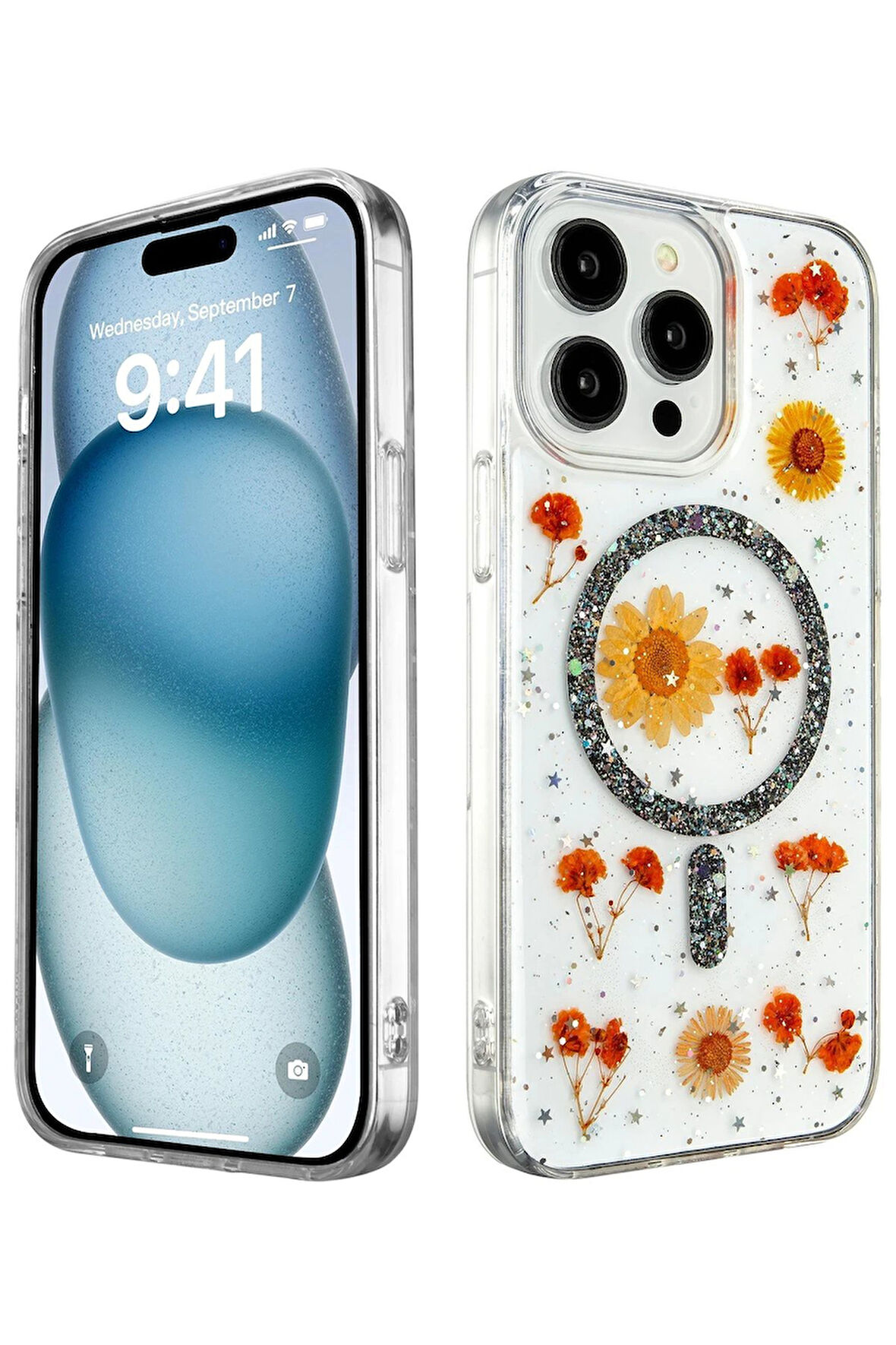 CPT50 iPhone 15 Pro Kılıf Daisy Simli Magsafe Kapak - Siyah