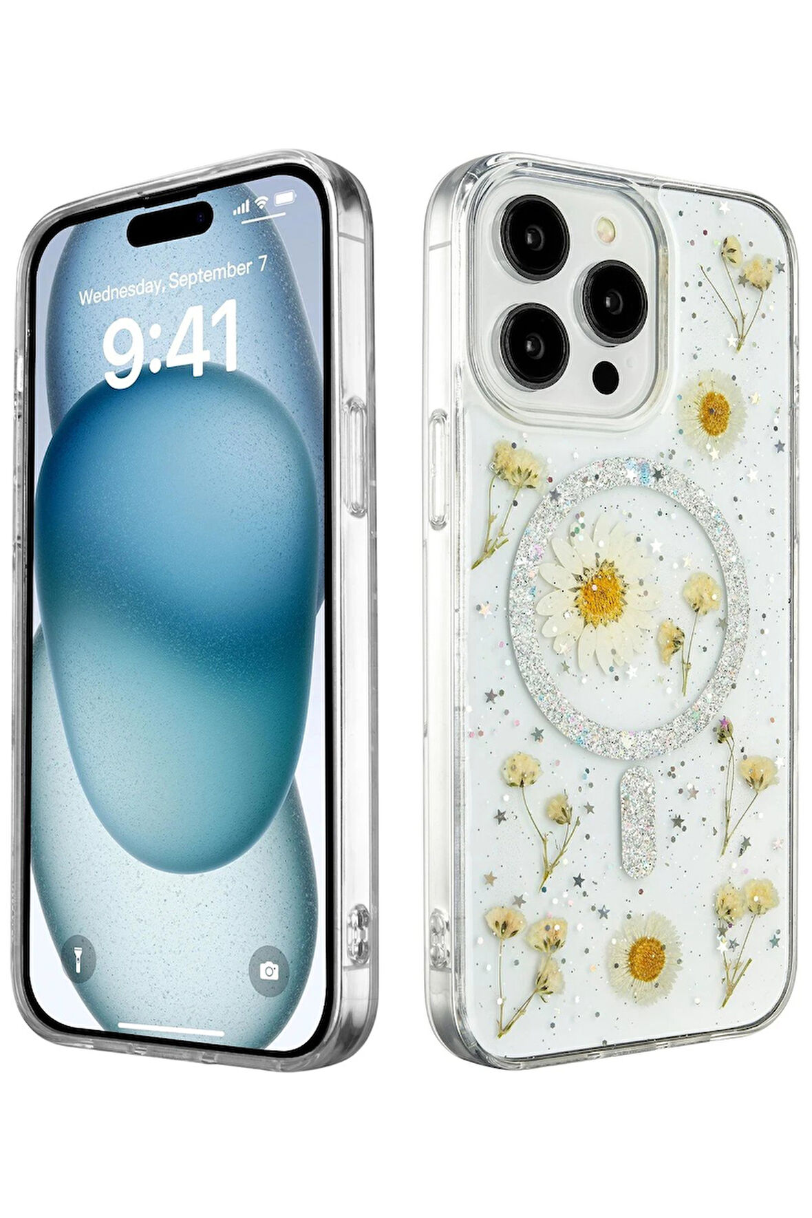 CPT50 iPhone 15 Pro Kılıf Daisy Simli Magsafe Kapak - Gümüş