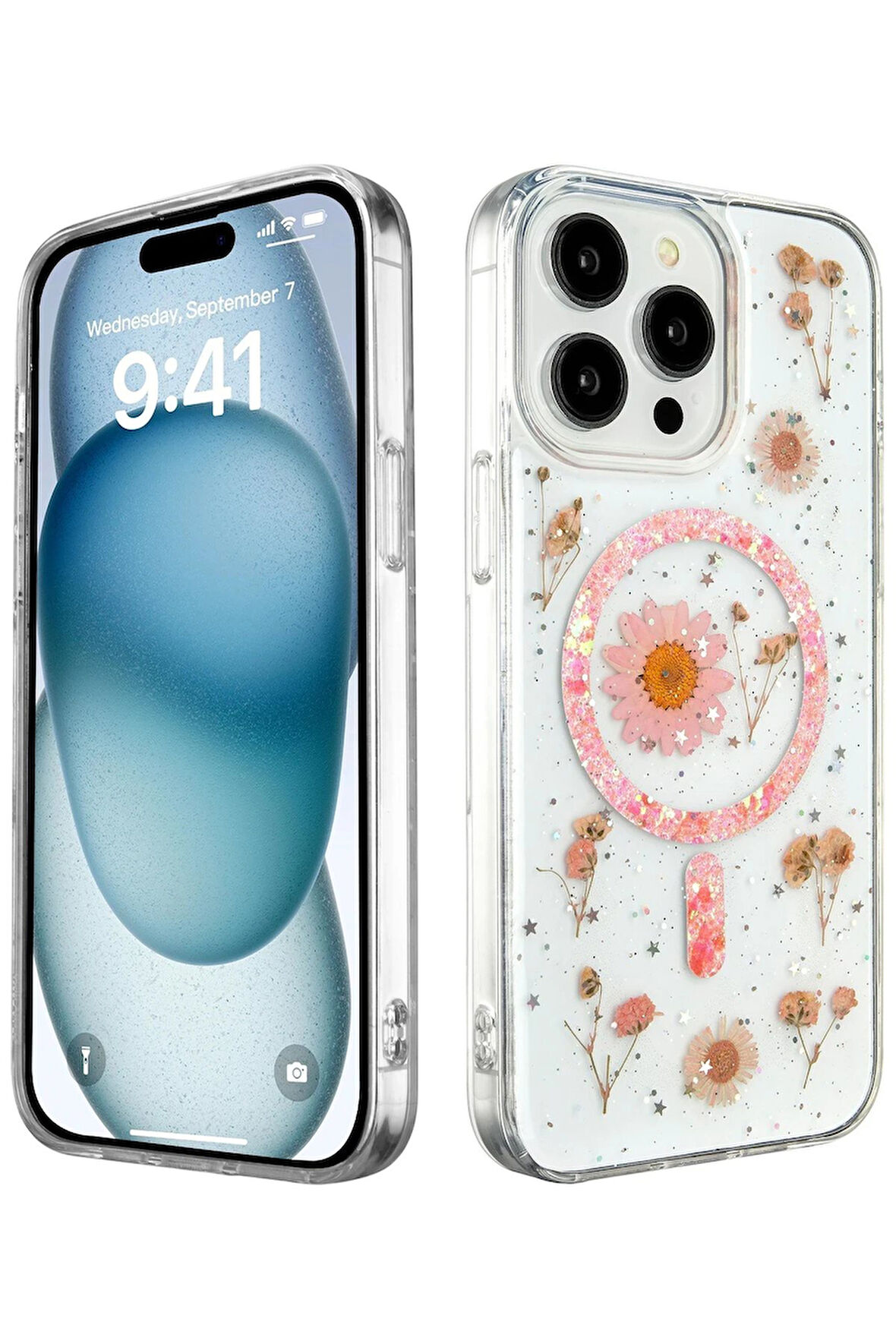 CPT50 iPhone 15 Pro Kılıf Daisy Simli Magsafe Kapak - Pembe