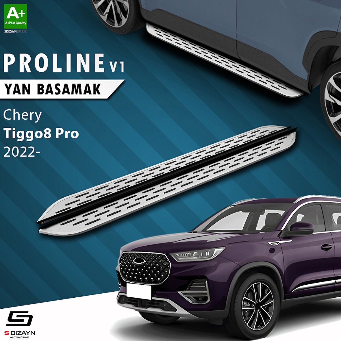 S-Dizayn Chery Tiggo8 Pro OEM Still Pro V1 Aluminyum Yan Basamak 183 Cm 2022 Üzeri A+ Kalite