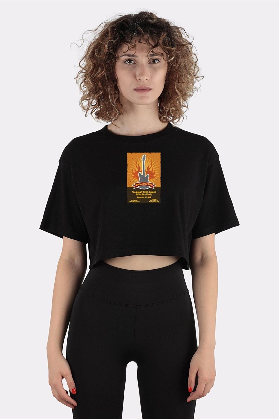 Siyah %100 Pamuk Bisiklet Yaka Crop T-shirt 5th Annual Rocky Road Trip_em1005