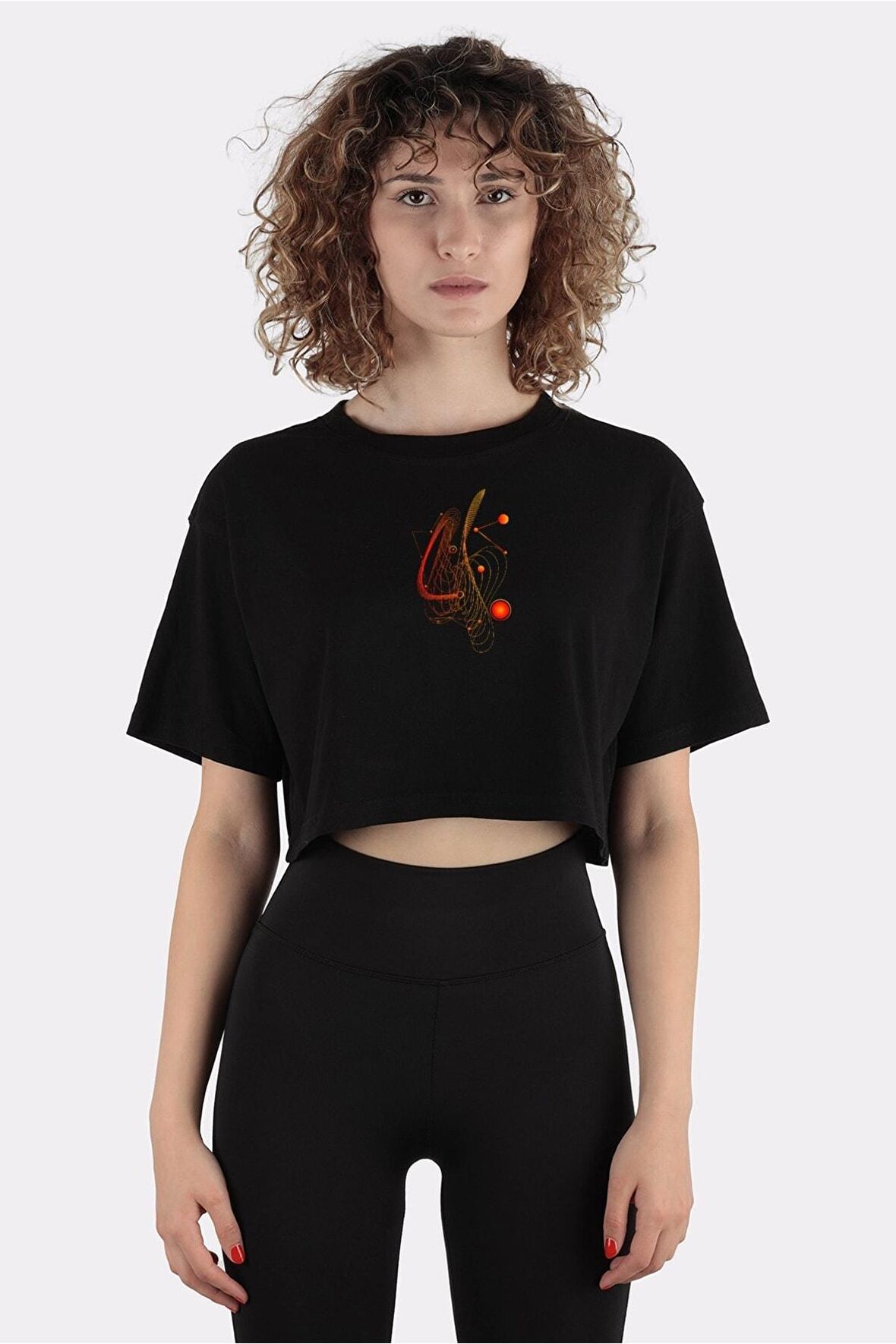 Siyah %100 Pamuk Bisiklet Yaka Crop T-shirt Abstract Music_em1019