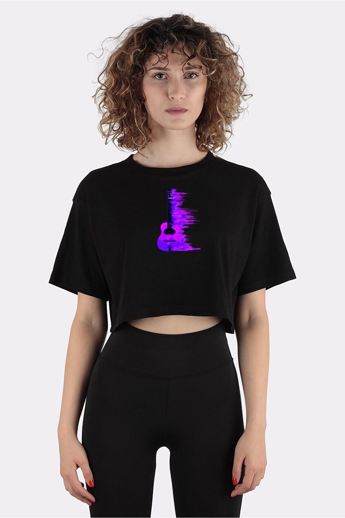 Siyah %100 Pamuk Bisiklet Yaka Crop T-shirt Acoustic Jazz Guitar One_em1037