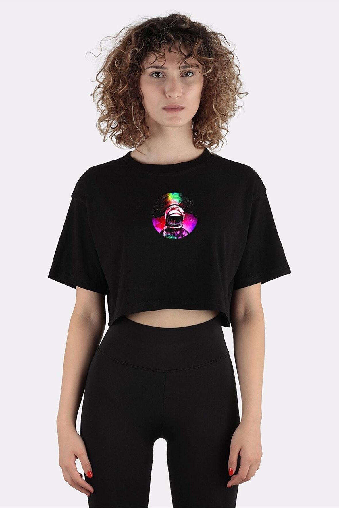 Siyah %100 Pamuk Bisiklet Yaka Crop T-shirt Astronaut Lp (space Music)_em1067
