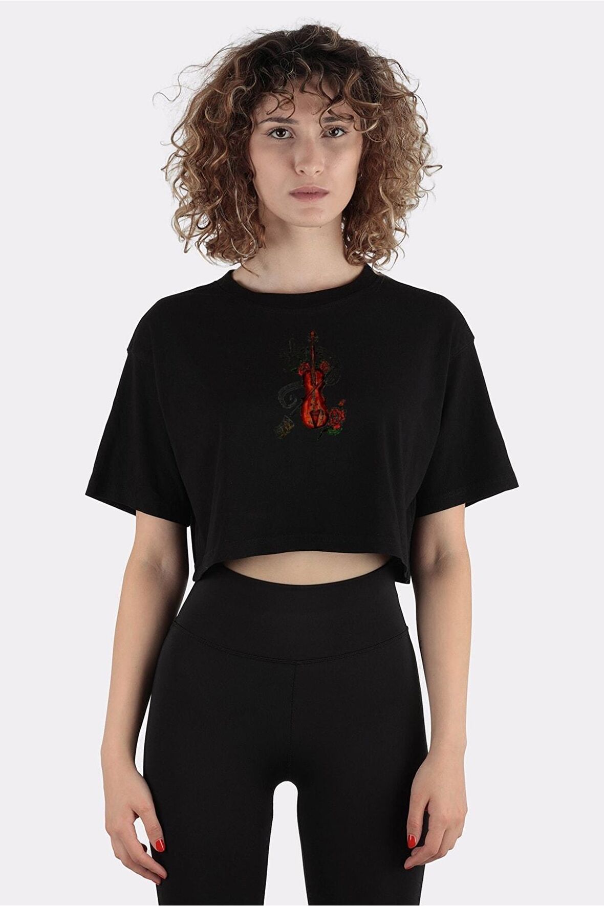 Siyah %100 Pamuk Bisiklet Yaka Crop T-shirt Brown Violin With Music Notes_em1163