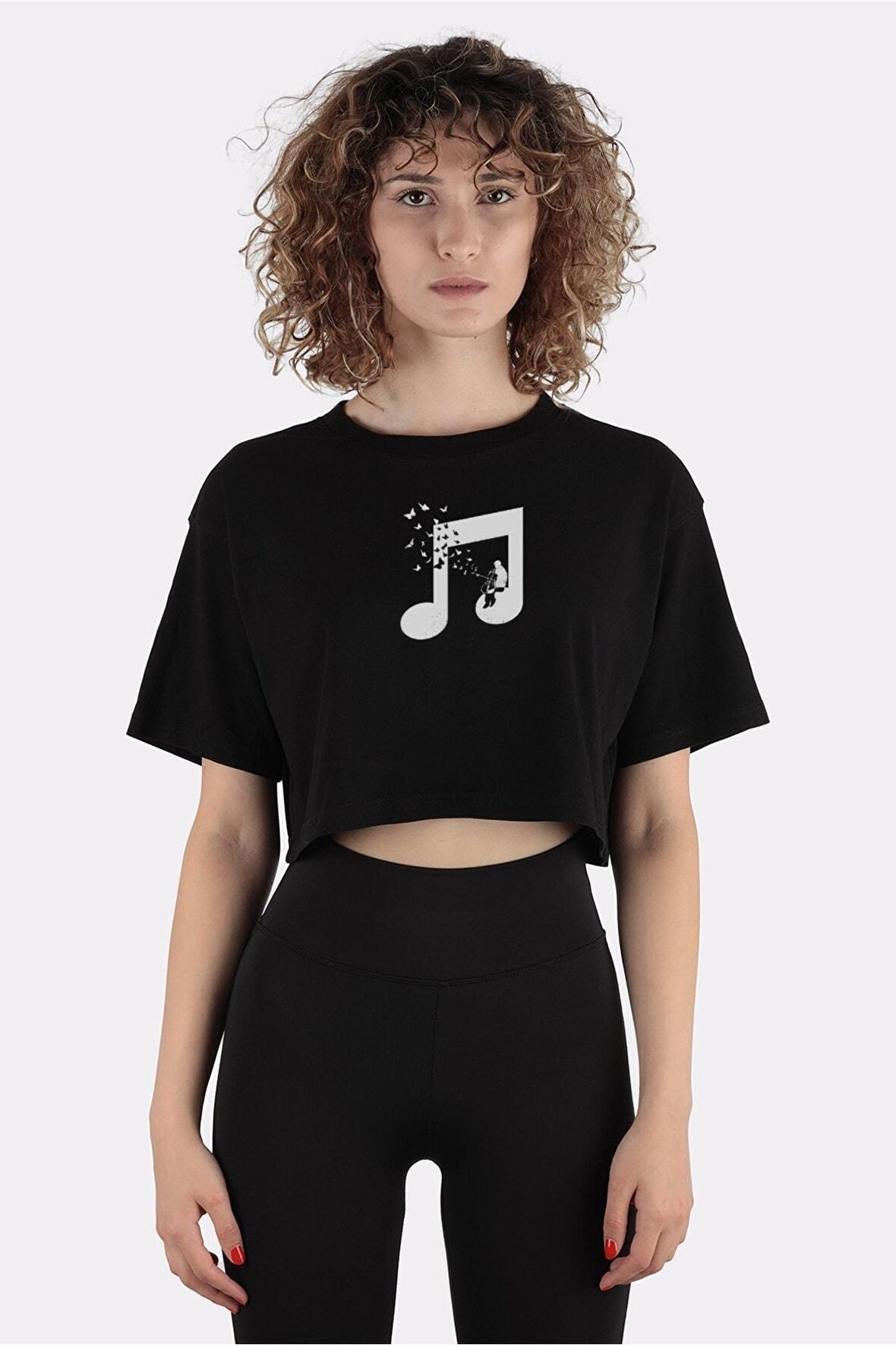 Siyah %100 Pamuk Bisiklet Yaka Crop T-shirt Cello - Music_em1182