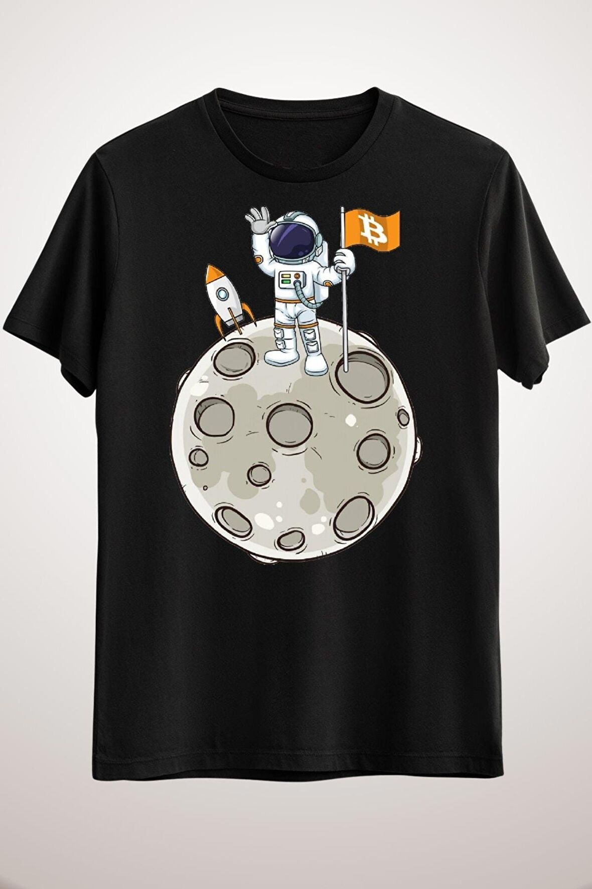 Unisex Siyah Bitcoin Moon Man Classic T-shirt