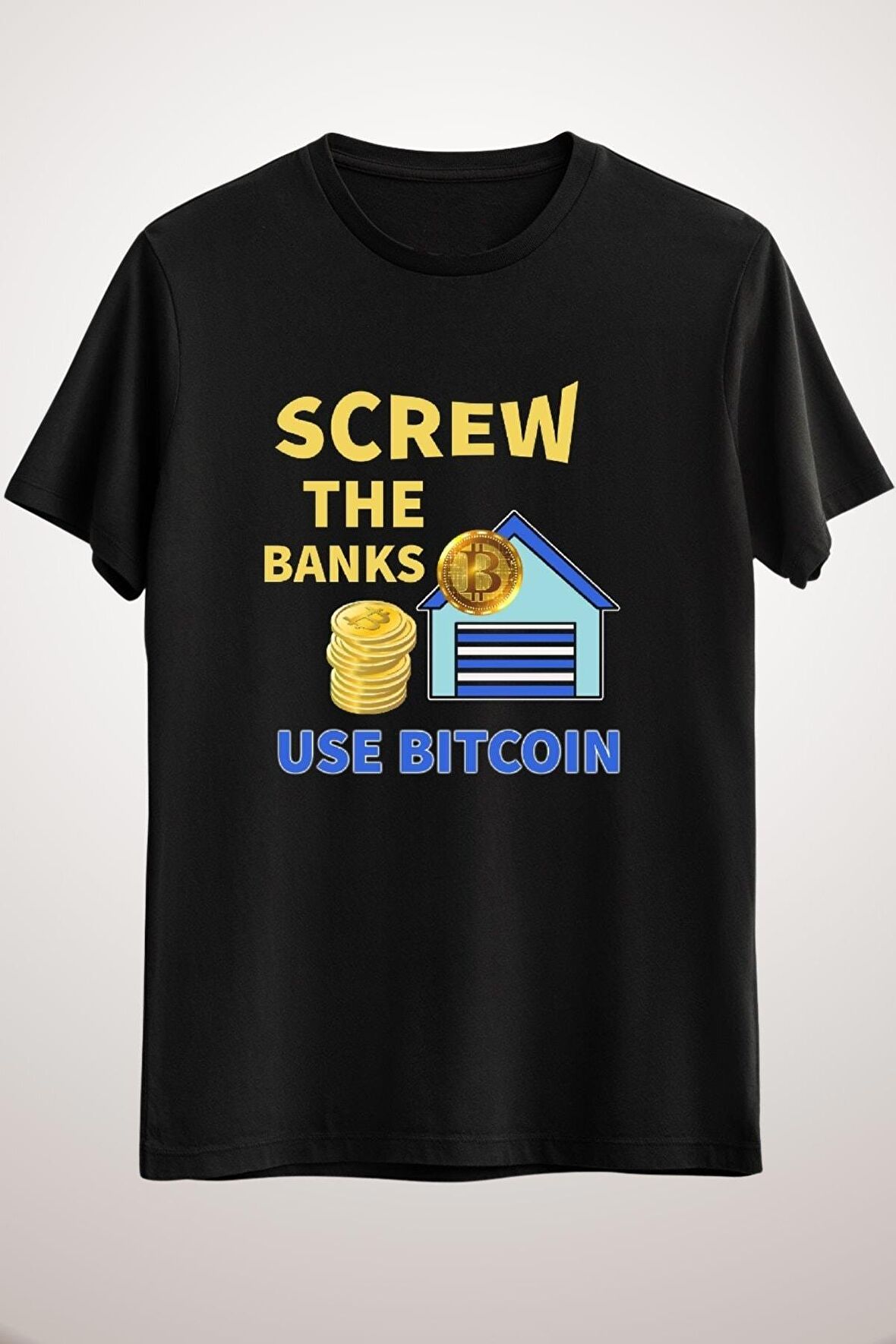 Unisex Siyah Blockchain Technology Cryptocurrency Banks Print Classic T-shirt